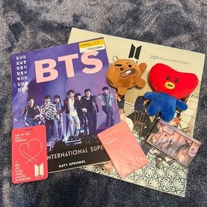 BTS lot of items. Calendar, photo cards, mini stuffies,luggage tag & book.🇰🇷🌟